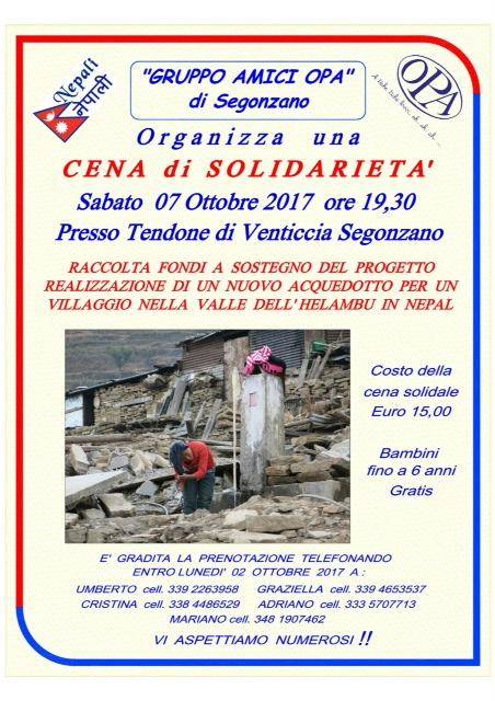 Cena di solidarietà per il Nepal - sabato 7 ottobre 2017, ore 19.30, presso tendone di Venticcia Segonzano