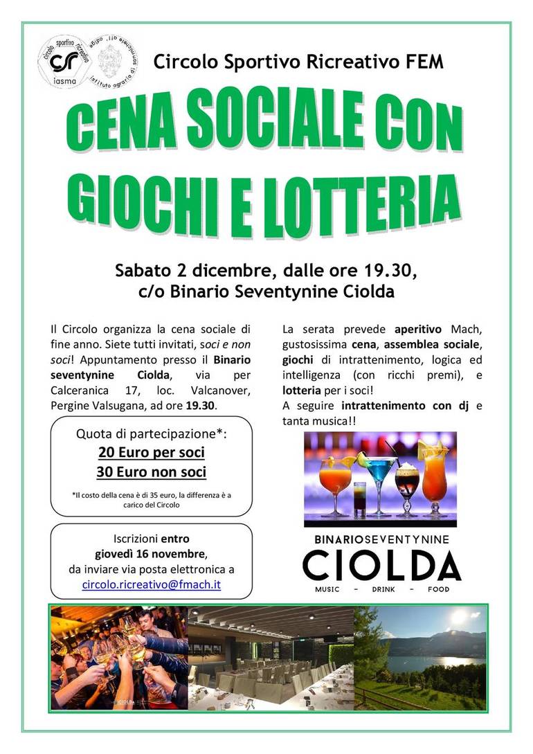 Cena Sociale Circolo FEM 2017 - c/o Ciolda - ore 19.30, 2 dicembre 2017