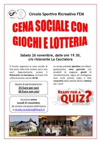 Cena sociale con giochi, lotteria e resoconto attività 2016 - Ristorante "La Cacciatora", sabato 26 novembre, ore 19.30