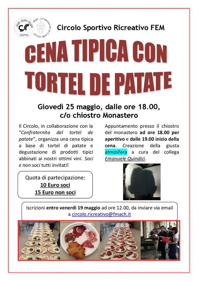 Cena tipica con Tortel de patate - giovedì 25 maggio 2017, a partire dalle 18.00