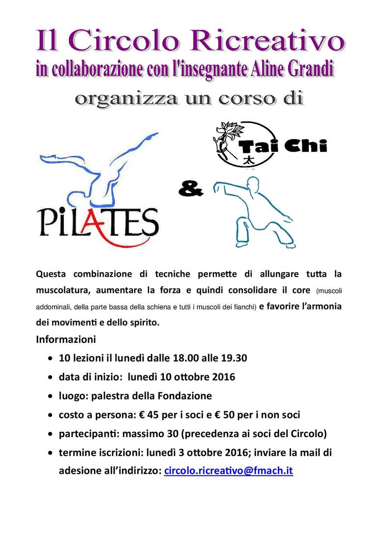 Corso di Pilates e Tai Chi - a partire da lunedì 10 ottobre 2016