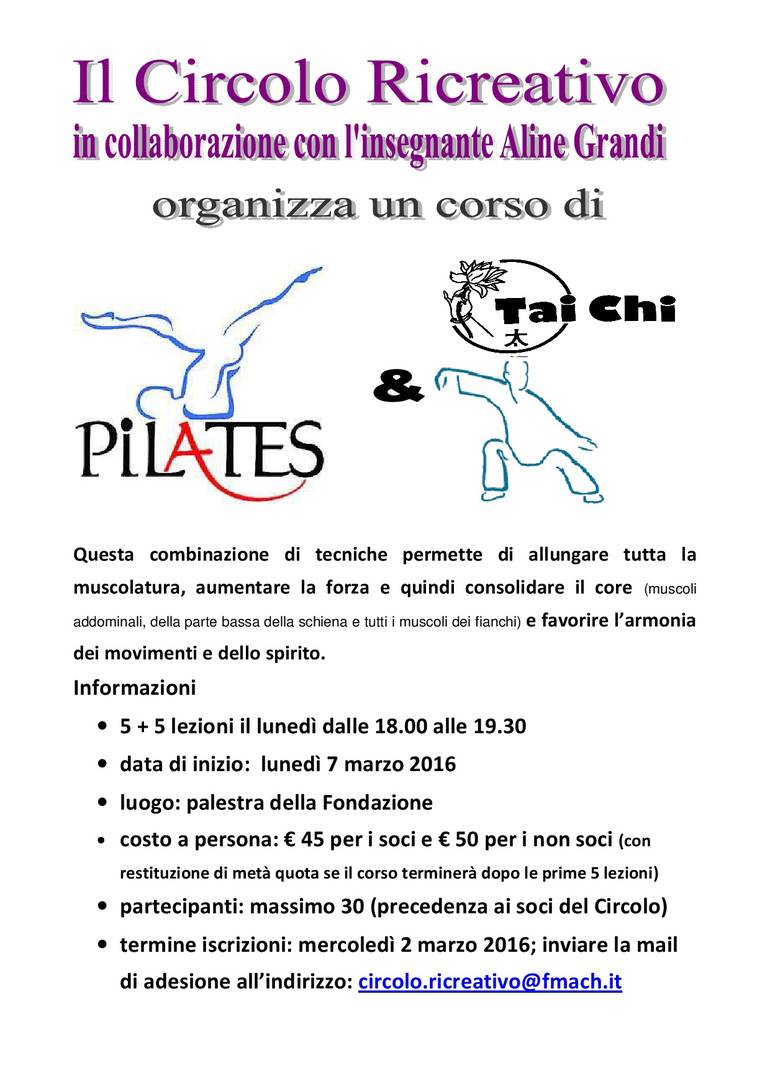 Corso di Pilates e Tai Chi - a partire da lunedì 7 marzo 2016