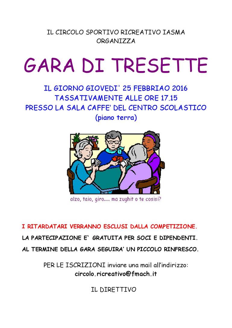 Gara di tresette - giovedì 25 febbraio 2016 - ore 17.15 tassative