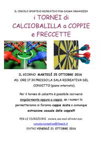 Tornei di calcio balilla e freccette - martedì 25 ottobre 2016, ad ore 17.30, c/o piano interrato del convitto